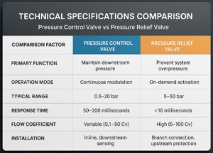Pressure control valve vs pressure relief valve technical specifications comparison chart MasterMac2000