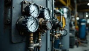 Pneumatic Pressure Regulators In Compressed Air Systems in a factory setting by Mastermac2000