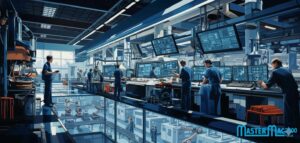 Engineers monitoring process automation systems in an advanced factory using pneumatic components, Mastermac2000