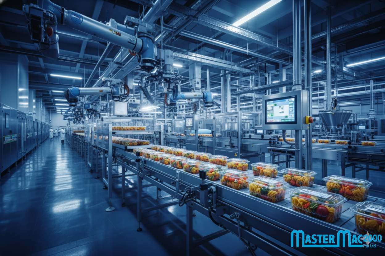 Automated food processing line powered by pneumatic systems from Mastermac2000, Brisbane