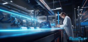 Female engineer operating advanced pneumatic process control equipment on a factory production line, Mastermac2000