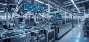 Industrial process automation line using robotic arms and pneumatic components, supplied by Mastermac2000